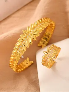 Women's Elegant Leaf Design Cuff Bangle & Ring, Exquisite Trendy Jewelry Set, Fashionable Vintage Jewelry Set for Party Decoration, Jewellery