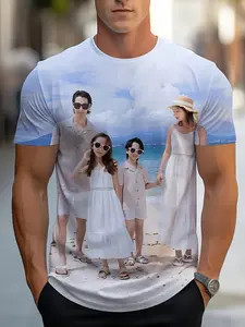 Custom Family Photo 3D T-Shirt- Personalized Full Body Print, Crew Neck Short Sleeve Family Reunion, Event Dress, Casual Wear, Beach Scene Print, Comfortable Fit, Durable Print Quality, Couples Clothing, High Quality Fabrics