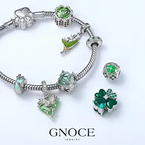 GNOCE ST Saint Patricks Day Gift Lucky Four Leafs Charms for Bracelets Sterling Silver Gift For My Goddess Bead Charms With Green Cubic Zirconia Charm Bead Fit All Bracelet Necklace