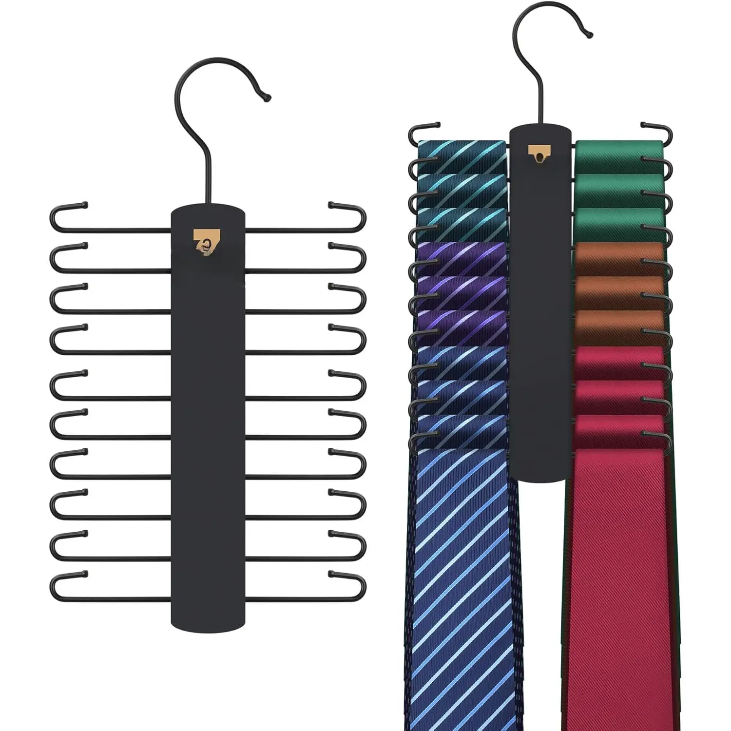 2 Pack Tie Hanger with 40 Hooks, Space Saving Necktie Organizer for Men, Large Capacity Tie and Belt Wooden Hanger for Closet, Black