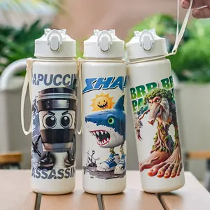 Cute Funny Pattern Vacuum Insulated Water Bottle with Leak-Proof Lid, Dual Use Straw Cup with Handle, Outdoor Fitness Mug Tumbler