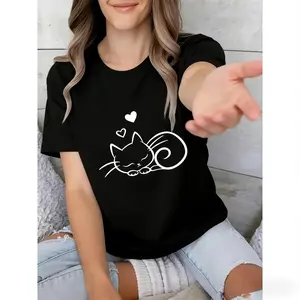 Women's Preppy Cat Print Fitted Round Neck Pullover Graphic Hoodie Tops - Durable Print, Machine Washable, Casual Cozy Indoor Wear