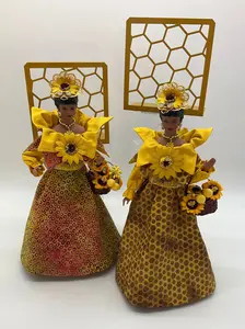 African American Angel Figurines - Honey Bee Fabric, Yellow Flowers, Mini Basket, African Daisies and Honeycomb Accents