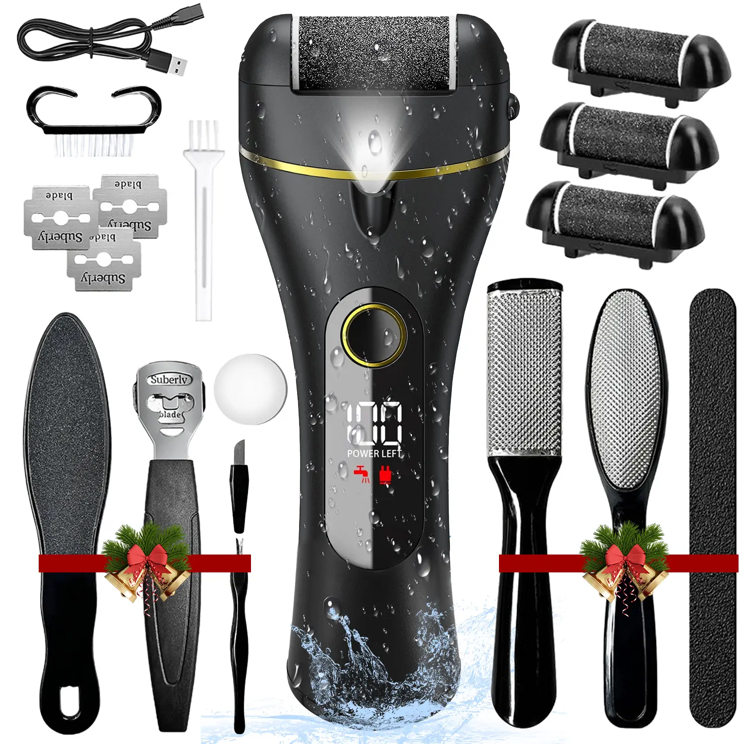 16 in 1 Rechargeable Pedicure Kit,Electric Foot Callus Remover,Waterproof Scrubber Dead Skin Removal Tool with 3 Rollers & 2 Speeds for Feet Care, Battery Display - Black Manicure Nail Cutics Daily footcallusremover nail drill Clear Handle Smooth