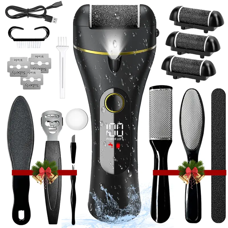 16 in 1 Rechargeable Pedicure Kit,Electric Foot Callus Remover,Waterproof Scrubber Dead Skin Removal Tool with 3 Rollers & 2 Speeds for Feet Care, Battery Display - Black Manicure Nail Cutics Daily footcallusremover nail drill Clear Handle Smooth
