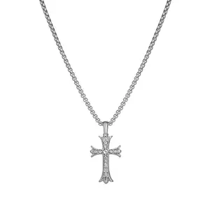 TikTok Viral Men’s Iced Out Cross Necklace - Titanium Steel Silver Plated Sweater Chain Stainless Steel Layered Cross Necklace