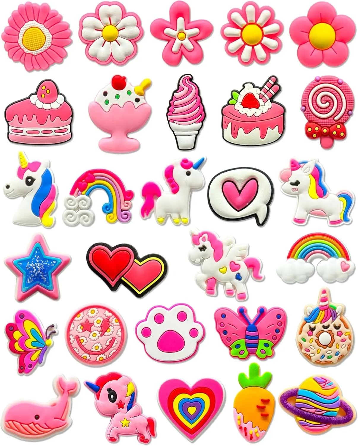 30 PCS Pink Cute Shoe Charms for Girls & Kids – Kawaii Decoration Accessories Pins with Flower, Unicorn, Rainbow, Butterfly, and Food Designs for Clogs – Perfect Party Favors & Holiday Gift Idea