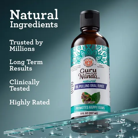 GuruNanda Farmed Mint Oil Pulling Mouthwash with 7 Essential Oils & 3 Vitamins, Promotes Fresh Breath & Happy Gums, Alcohol-Free, 8 fl oz