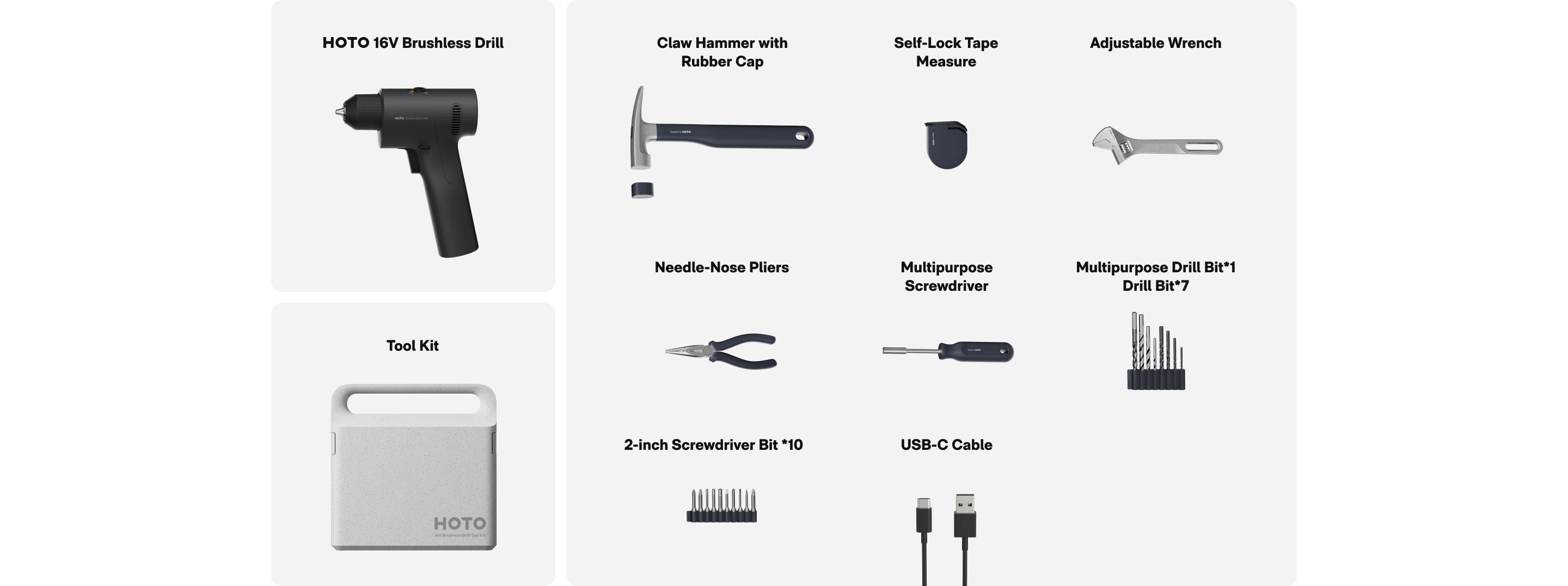 HOTO 25PCS Household Tool Kit with 16V Brushless Drill, Smart Display, 50 N·m Torque, 32 Torque Settings, USB-C Charging, LED Light, Includes Hammer, Wrench, Pliers, 8 x Drill Bits, 10 x Bits