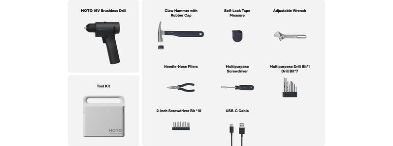 HOTO 25PCS Household Tool Kit with 16V Brushless Drill, Smart Display, 50 N·m Torque, 32 Torque Settings, USB-C Charging, LED Light, Includes Hammer, Wrench, Pliers, 8 x Drill Bits, 10 x Bits