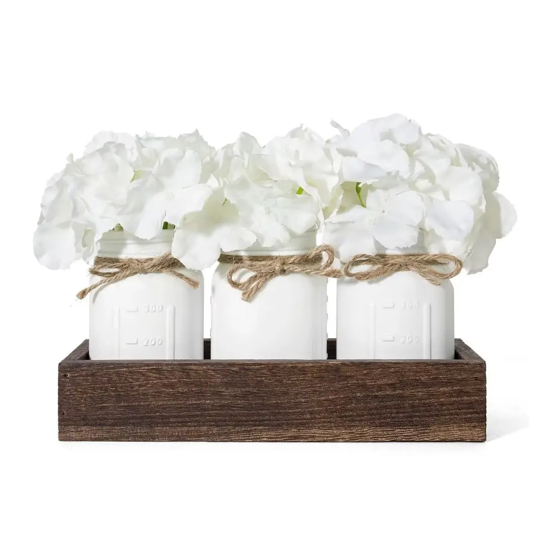 3 count White  Painted Jars Mason Jar Centerpiece Decorative with Wood Tray  Farmhouse Kitchen Counter Decor for Coffee Table Dining Room Living Room Kitchen