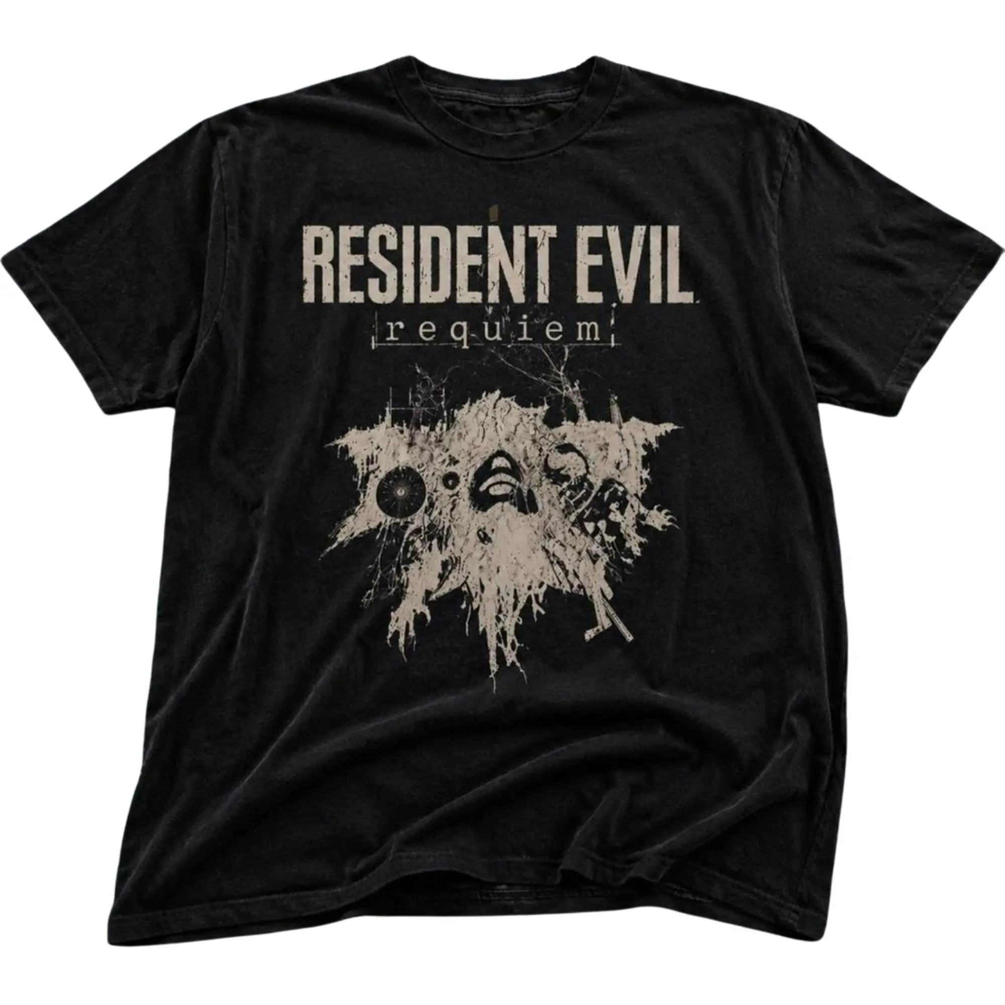 Resident Evil Requiem Graphic T-Shirt, Distressed Bone White Gore Splatter Texture With Block Typography Game Title Logo Print, Unisex Streetwear Tee For Gaming Fans, Dark Horror Goth Outfit