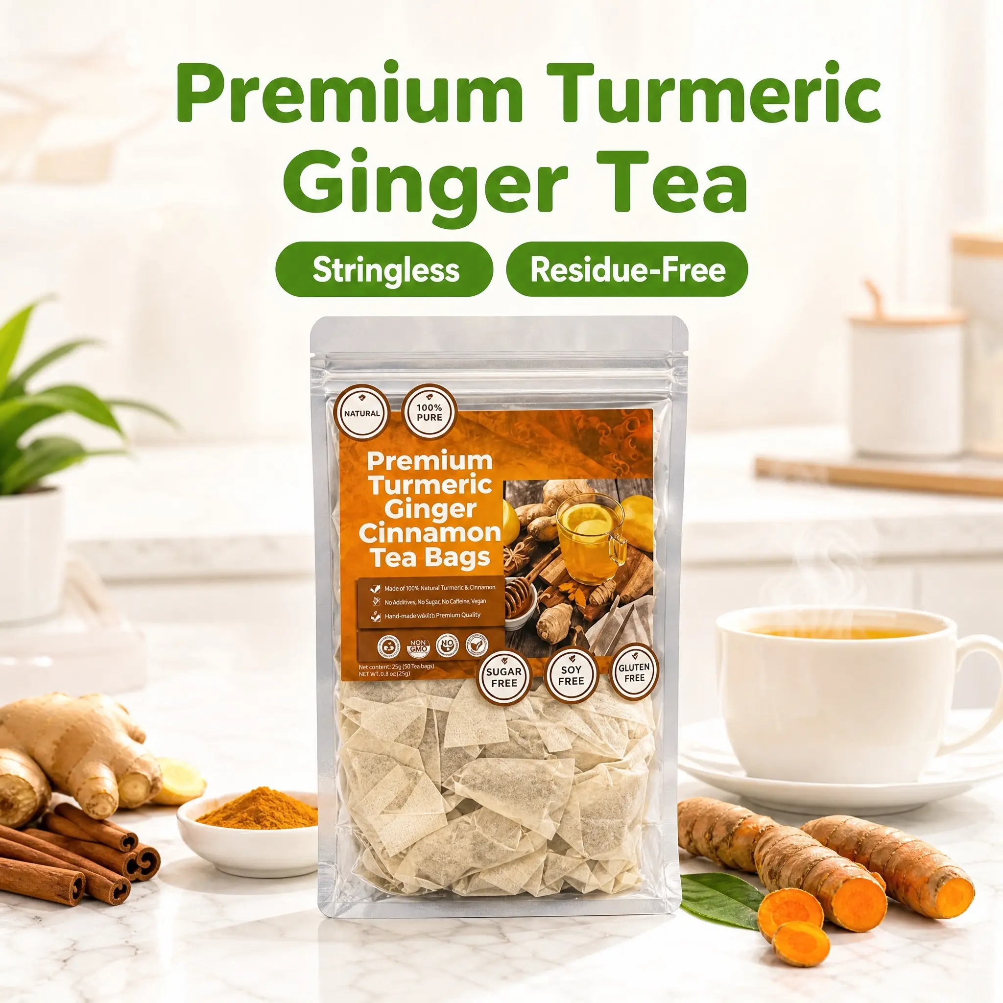 120 Turmeric Tea Bags with Ginger & Cinnamon, 240g Large Value Pack, Square Paper Filter Tea Bags for Home antiinflamma eco-conscious flama daily wellness routine first harvest