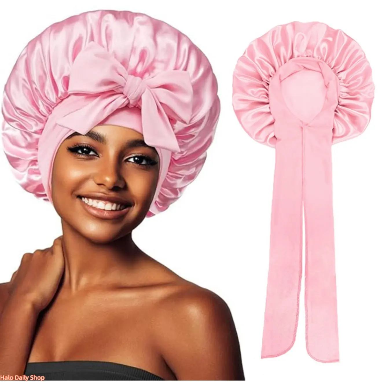 2026 new elastic streamer satin round hat, hot-selling solid color simulated silk sleeping hat, wide-brimmed headscarf hat