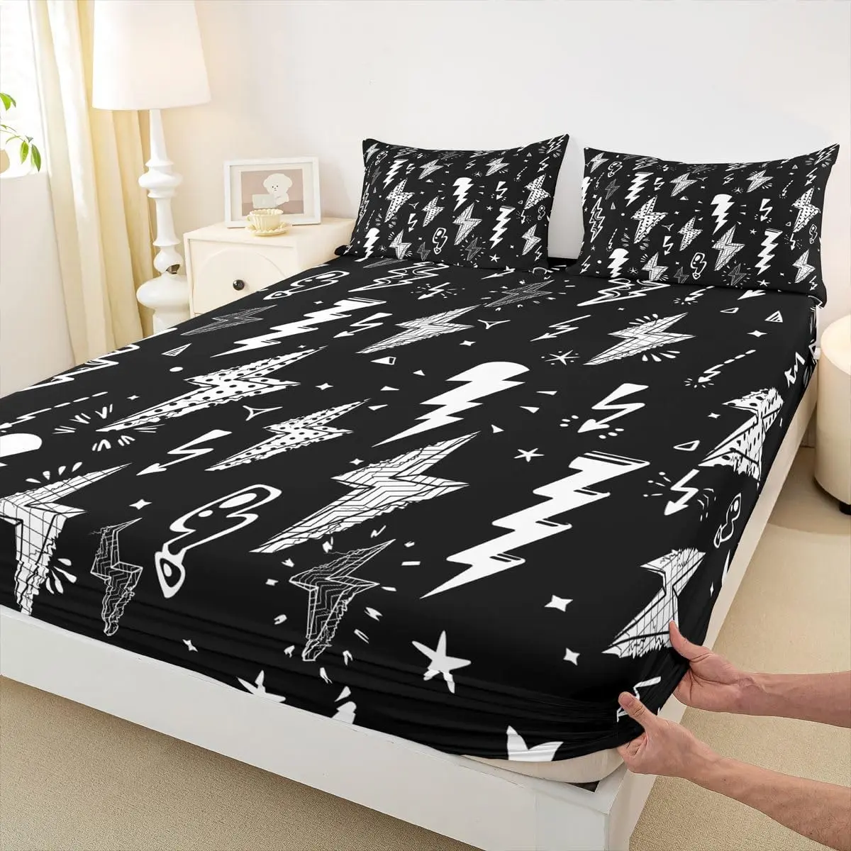 Lightning Fitted Sheet Hand Drawn Doodle Lightning Bolt Bedding Set Thunderbolts Sheet Set Microfiber Bed Sheet Set (Fitted Sheet + Pillow Case )