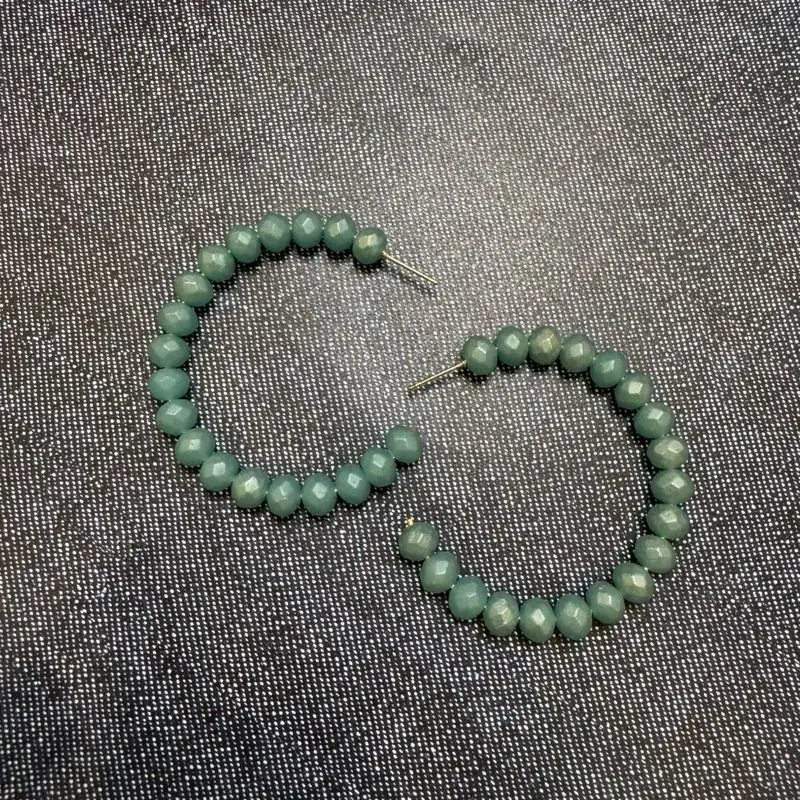Matt Blue Beaded Hoops - Single Beaded Hoop with Green Beads, Simple Design, Ideal for Jewelry Making
