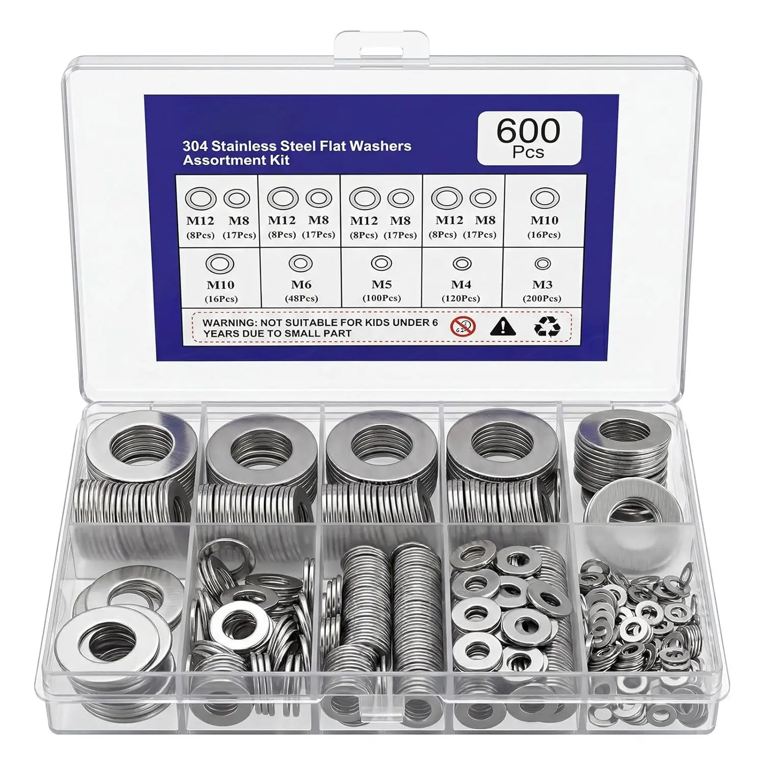 304 Stainless Steel Flat Washers Assortment Kit - 600-Count, High-Toughness, 7 Sizes (M3-200pcs, M4, M5, M6, M8, M10, M12), Rust-Resistant Fasteners with Long Service Life for DIY Projects, Automotive Repair, Furniture Assembly
