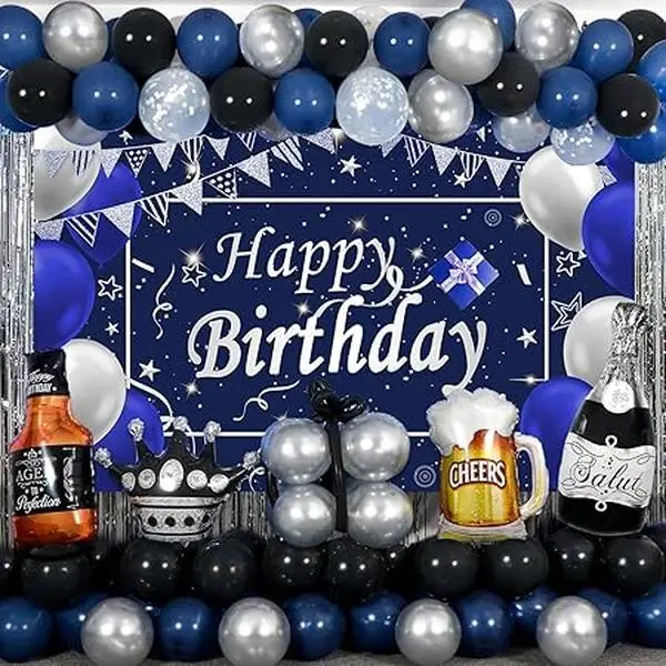 Blue Happy Birthday Decorations for Men Boys, 89PCS Blue Black Birthday Decorations Kit with Backdrop Banner Foil Balloons Fringe Curtains for 18th 21st 25th 30th 35th 40th 50th 60th Party Supplies