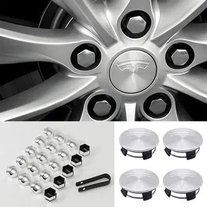 Car Wheel HUB Center Cap, Valve Stem Cover, Tire Nut Protection Cap, Fits Tesla Model 3, Model Y, Model S, Model X, Car Exterior Decoration Kit