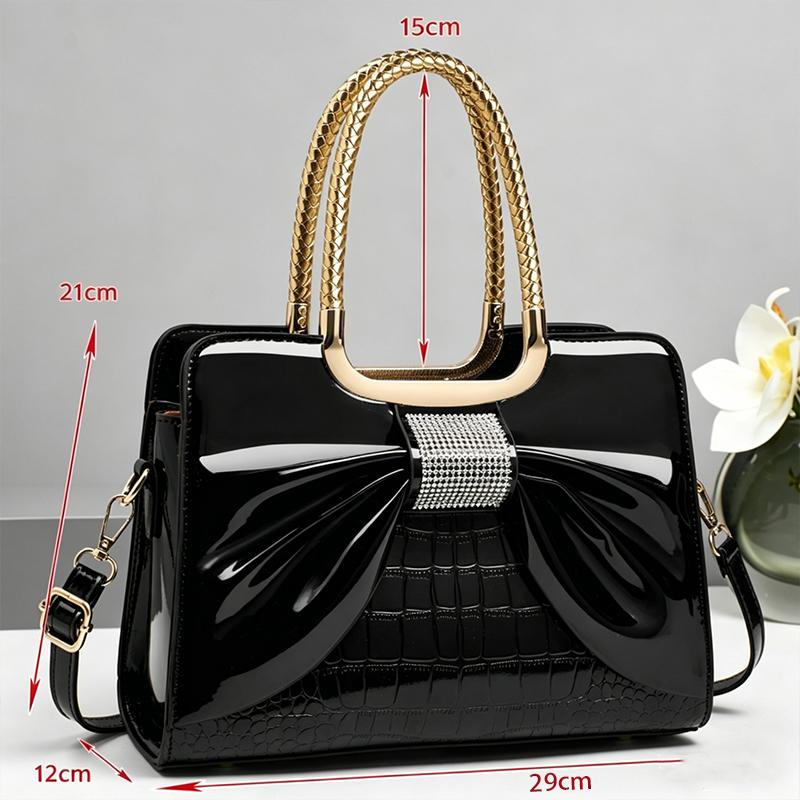 Women’s glossy leather handbag with top handle — medium-structured shoulder/handbag with adjustable strap