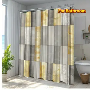 2D Flat 1Pc Elegant Gold and Gray Artistic Shower Curtain, featuring a stunning modern design, perfect for bathroom decoration, made of polyester fabric, includes 12 hooks, 71x71inch