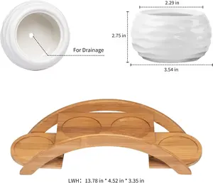 E-liu Succulent Pots and Stand Set, Ceramic White Succulent Planter Pot with Drainage, Pack of 4, Cute Office Garden Indoor Decoration, Plants Not Included