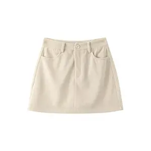 Women’s autumn corduroy mini skirt with built-in shorts, slim fit, retro style, brown, zippered, suitable for office wear