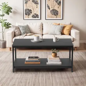39" Minimal Metal and MDF Wood Coffee Table - 2-Tier Storage Shelf, Freestanding Indoor Furniture, Quick Setup for Home, Lounge, Living Room