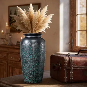 Handmade Ceramic Table Vase with Green Hammered Finish for Home Office Bedroom Living Room Decor Wide Mouth Textured Vase