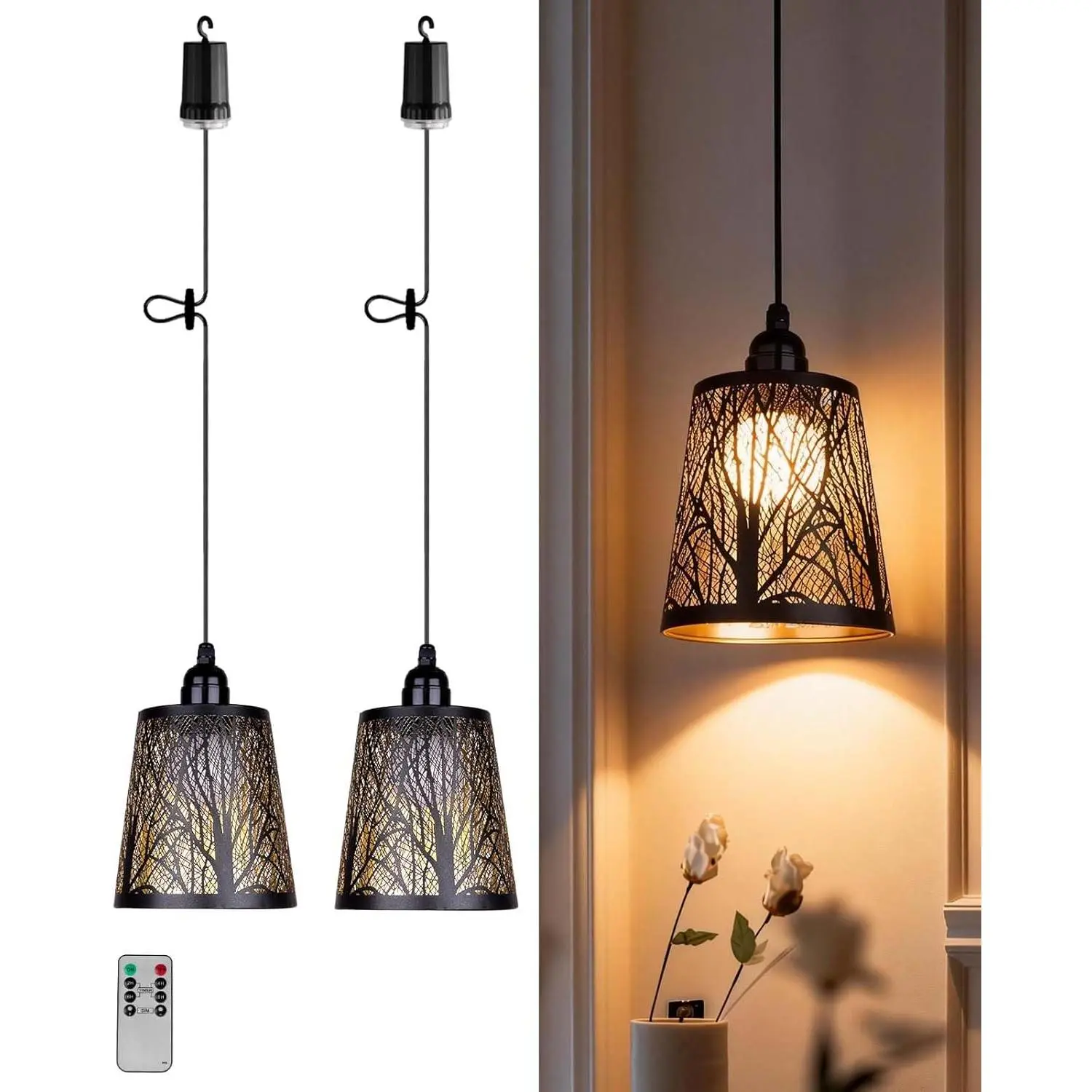 Battery-Operated Chandelier with Remote, IP44 Water Resistant Outdoor Pendant Light, No Wiring Needed Gazebo Light for Porch, Pergola, Home Decor (Tree Pattern), Shed, Patio, Chandeliers, Balcony, Batteries