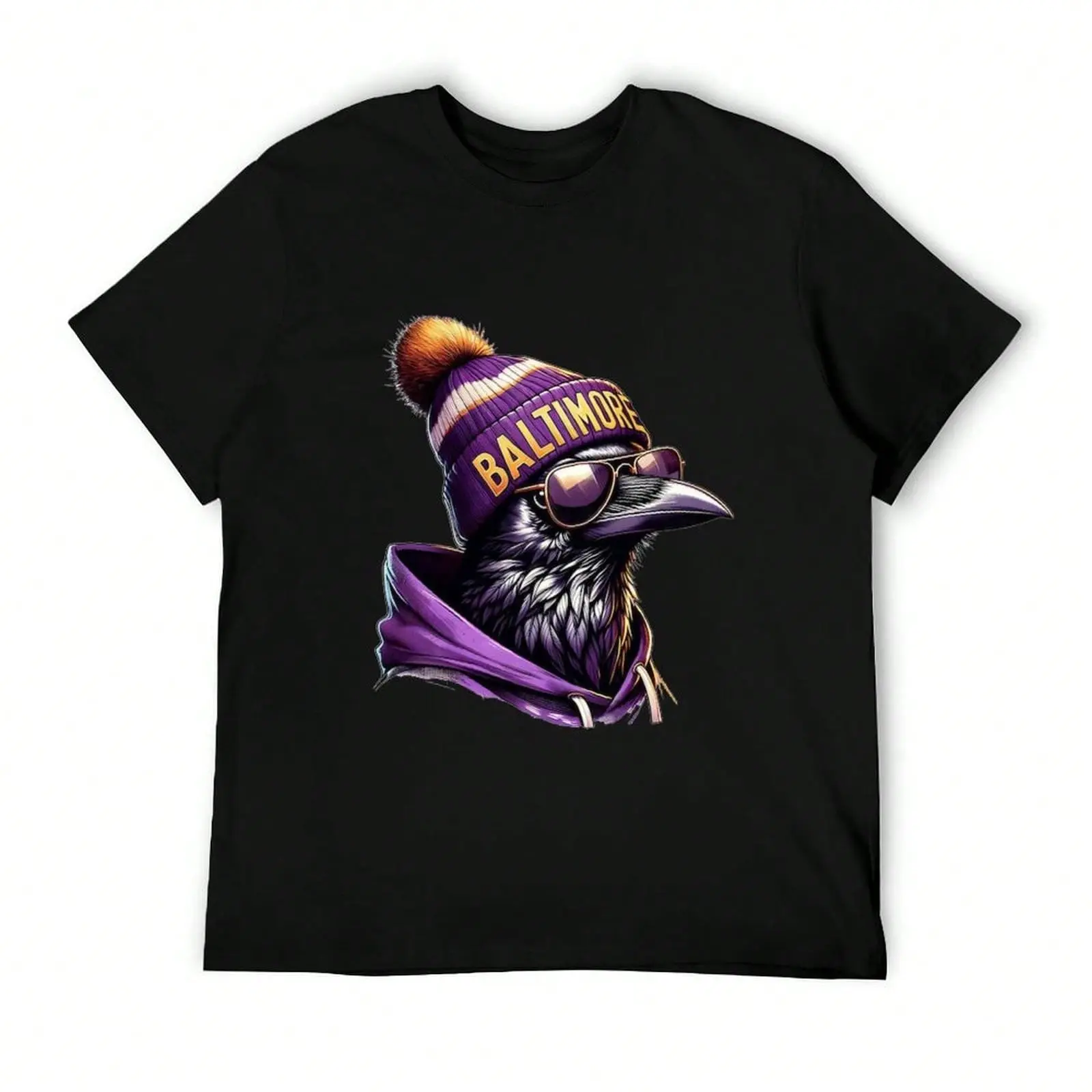 Women's Oversized Short-Sleeve Heavy Cotton T-Shirt - Raven in Purple Beanie, Baltimore Football Team State Mascot Graphic Print, Casual Streetwear Top, Shortsleeve, Fabric
