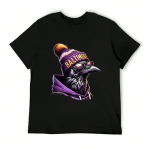Raven In Purple Beanie With BALTIMORE Football Team State Mascot T-Shirt, Oversized Short Sleeve Classic Heavy Cotton T Shirt Printed Graphic Tee Women's Casual Short-Sleeved Top