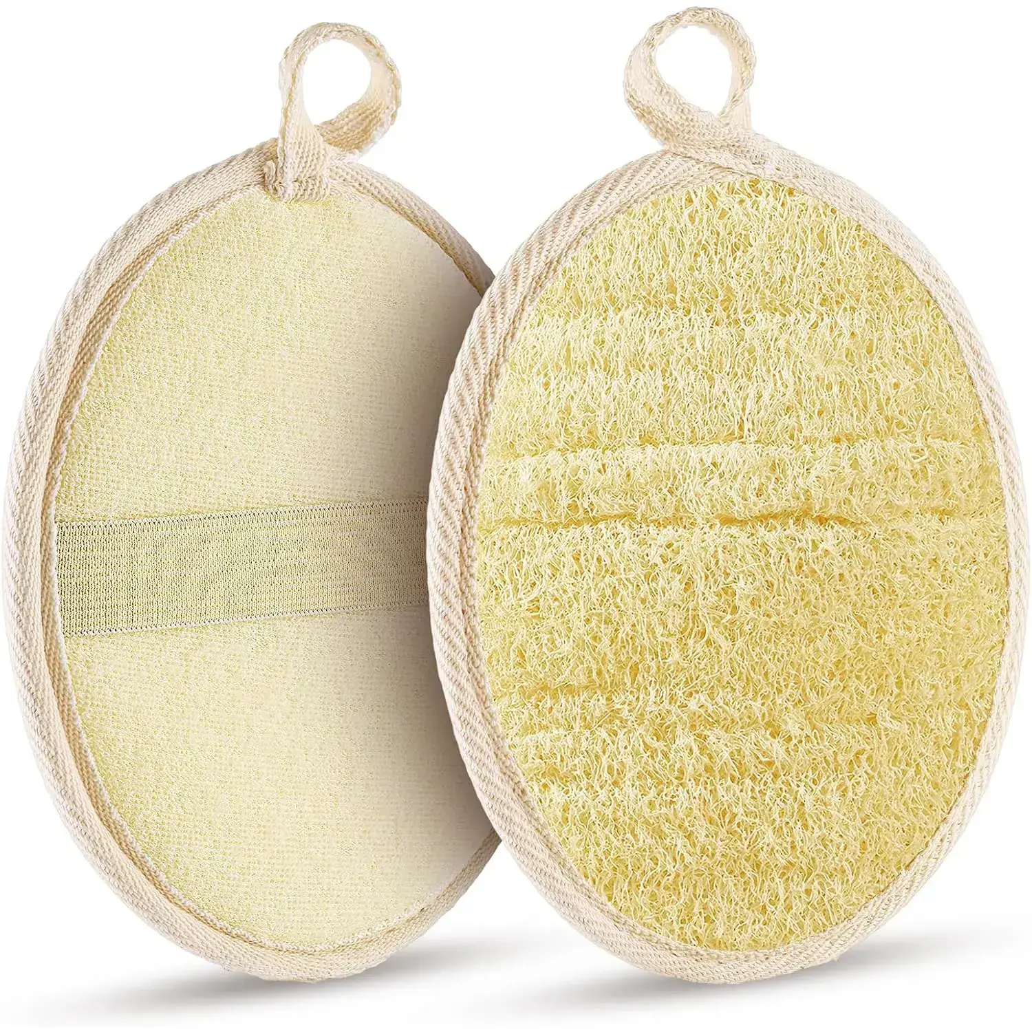 2 Pack Natural Shower Loofah Sponges with Hanging Rope Design - Exfoliating Body Scrubber Pad for Shower, Biodegradable Luffa for Face & Body, Personal Bath Accessories for Men & Women, Shower Loofah Sponge