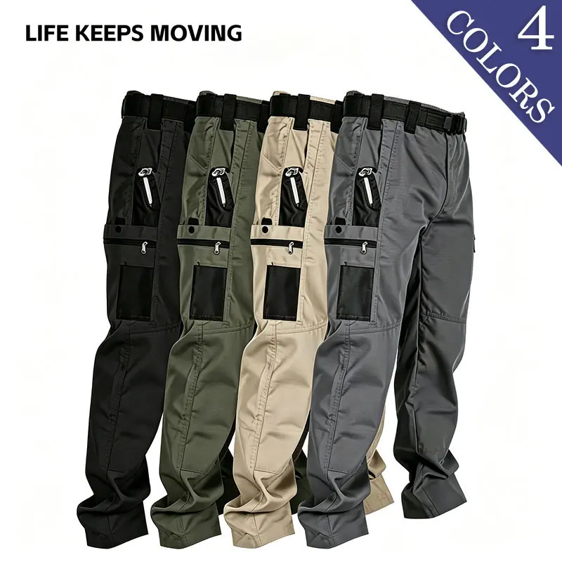 LIFE KEEPS MOVING men’s solid-color tactical work pants featuring multiple pockets and zip closures; durable outdoor hiking casual pants available in various colors—ideal for fishing, outdoor activities, work, and camping, suitable for spring and autumn w