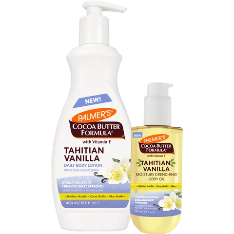 Palmer's Cocoa Butter Formula Tahitian Vanilla Moisture Drenching Body Lotion & Body Oil Bundle with Shea Butter Long Lasting Hydration Vegan Friendly  400ml & 92ml