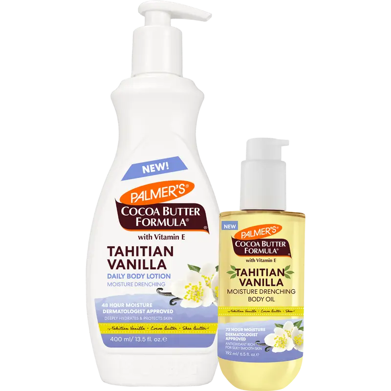 Palmer's Cocoa Butter Formula Tahitian Vanilla Moisture Drenching Body Lotion & Body Oil Bundle with Shea Butter Long Lasting Hydration Vegan Friendly  400ml & 92ml