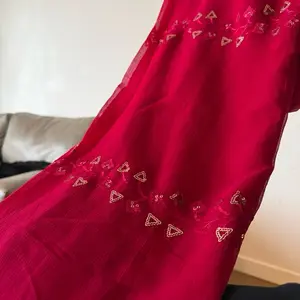 Beautiful Scarf with Embroidered Hearts and Triangles in Vibrant Red