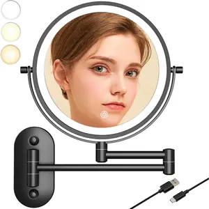 8wall mounted makeup mirror with lights 10x magnifying mirror wall mount for vanity bathroom and shaving rechargeable wall mounted makeup mirror swing arm with adjustable brightness black10x