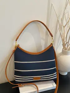 Fashion stripe bucket bag new denim color-blocking crossbody shoulder bag simple casual commute large capacity tote bag Casual crossbody bags