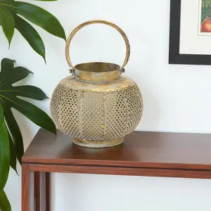 HomeRoots 634855 6 in. Bronze & Green Distressed Lattice Metal Tabletop Lantern Candle Holder