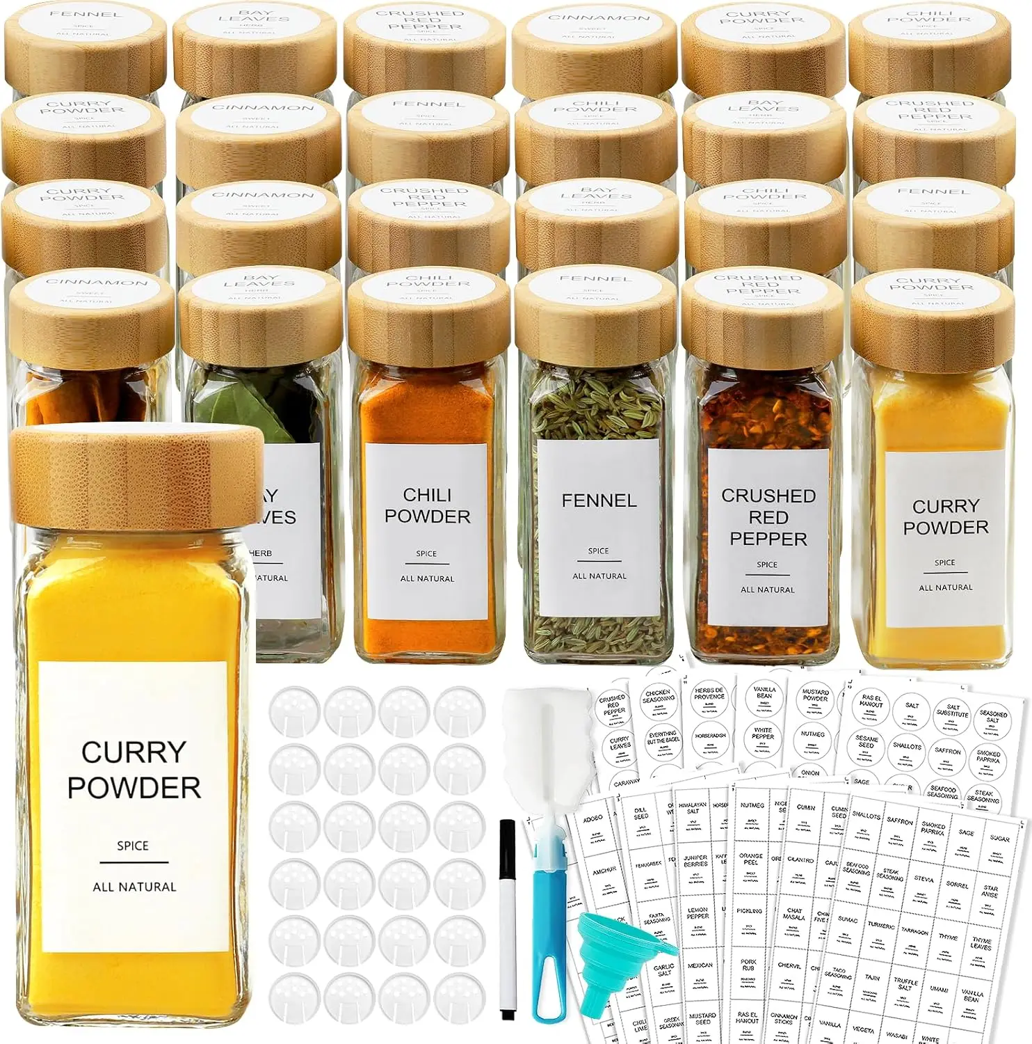 Glass Spice Jars with 398 Labels, 24 pcs 4oz Spice Containers with Bamboo Lids, Square Spice Bottles With Shaker Lids,Spice Organization for Cabinet,Drawer,Rack,Seasoning Organizer