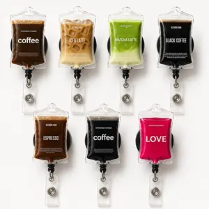 2D Funny Coffee IV Bag Acrylic Badge Reel Retractable ID Card Holder Name Tag Clip For Nurse Doctor Hospital Employee