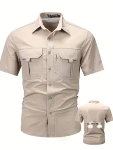 Summer Outdoor Casual Plain Multi-Pocket Workwear Short Sleeve Shirt Top, Breathable Thin Ice Silk Elastic Quick-Dry Men's Clothing