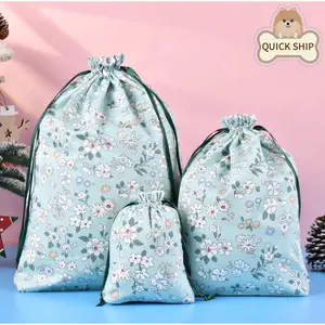 White Flower Drawstring Gift Bag,Reusable Holiday Tote,Xmas Sack,Birthday/Christmas Gifts