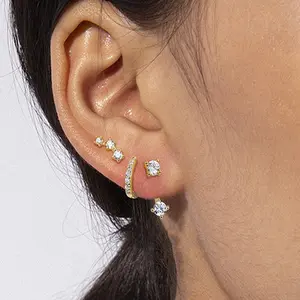 3 Pairs Sterling Silver Stud Hoop Earrings Set for Women 14K Gold Plated Earrings Stacks Dainty Earrings for Multiple Piercings flat back stud earring dainty