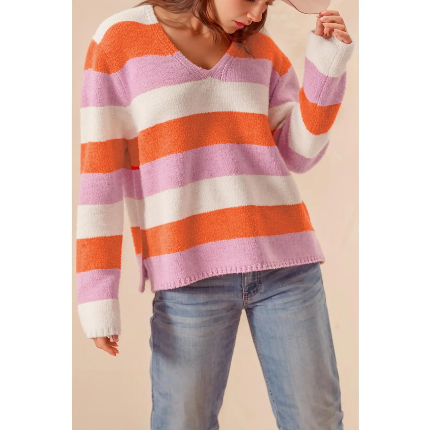 Orange Casual Stripe V Neck Side Slit Sweater