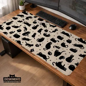 Cute Black Cat Desk Mat for Cozy Desk Setup, XL Mousepad with Playful Kittens Pattern, Gift Ideas