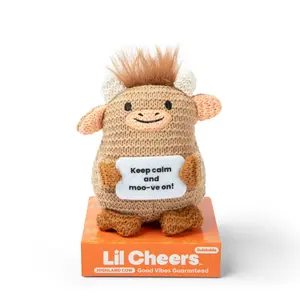 Lil Cheers Highland Cow Plush - Cute Non Candy Easter Gift with Positive Sign Cozy Crochet Style Desk Decor & Friendship Present Stuffed Animal