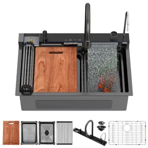 Logmey 30"x19" Digital Display Waterfall Kitchen Sink 16 Gauge Stainless Steel Workstation Kitchen Sink Drop In Single Bowl Kitchen Sink with Accessories, Memorial day