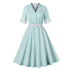 Mid - Century Light Green Party Dress Button Cute Matching Stylish Floral Collar and Cuff, Comfortable  Wedding Guest  Cocktail Events fashion novadress vintage lady casual wear v club milkmaid Elegant Womenswear Polyester Fabric Hat